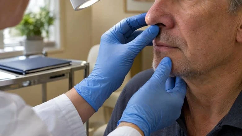 Surgeon in gloves assessing a man's thickened nose before rhinophyma treatment at a clinic in London