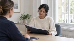 Woman reading her written rhinoplasty treatment plan with a patient coordinator at Centre for Surgery, Baker Street, London