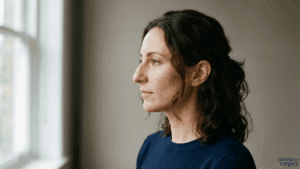 Side profile of a woman with a Roman nose showing a convex bridge and defined dorsal hump