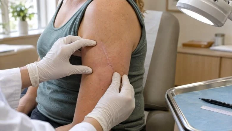 Surgeon in gloves assessing a raised, healed scar on a patient's upper arm under a lamp before scar revision in London