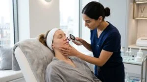 Aesthetic practitioner using a handheld skin magnifier to examine the pores and sebaceous filaments on a woman's nose in a London clinic