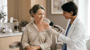 Specialist examining a skin lesion with a dermatoscope at a London clinic to check for melanoma