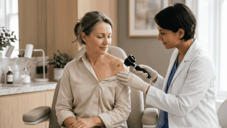 Specialist examining a skin lesion with a dermatoscope at a London clinic to check for melanoma
