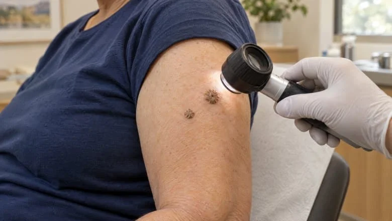 Clinician examining a raised brown seborrhoeic keratosis on a patient's upper arm with a dermatoscope before removal in London