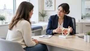 Female gynaecologist using an anatomical pelvis model to explain vaginal anatomy to a patient during a consultation