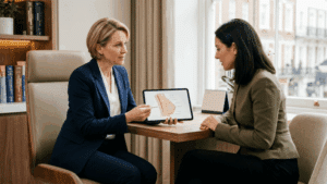 Female patient in consultation with breast surgeon discussing side-set wide-set breast shape and cleavage options at Centre for Surgery London Baker Street clinic
