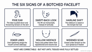 Diagram showing the six signs of a botched facelift — pixie ear, swept-back look, hairline shift, joker lines, hollow midface and widened scars, each with its cause