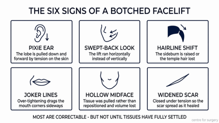 Diagram showing the six signs of a botched facelift — pixie ear, swept-back look, hairline shift, joker lines, hollow midface and widened scars, each with its cause