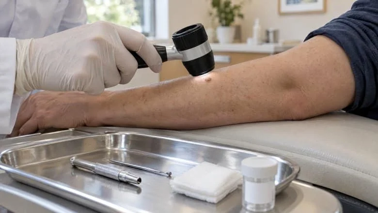 Clinician in gloves examining a small spot on a patient's forearm with a dermatoscope before skin lesion removal in London