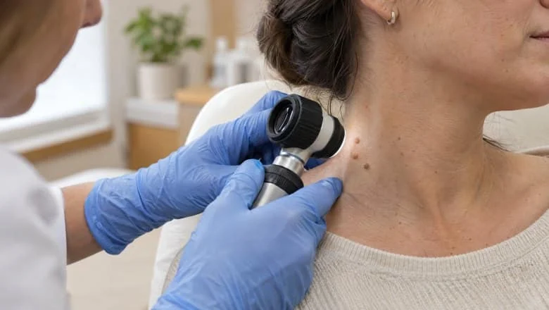Clinician in gloves examining small skin tags on the side of a patient's neck with a dermatoscope before skin tag removal in London