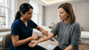 Doctor palpating soft and hard lumps on patient forearm comparing texture during clinical assessment at Centre for Surgery London