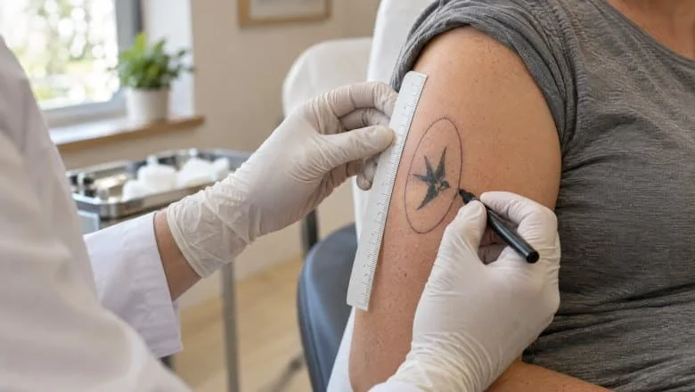 Surgeon marking an ellipse around a small upper arm tattoo before surgical tattoo removal in London