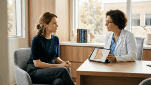 Woman sitting calmly in a bright modern consultation setting representing symmastia correction and breast revision at Centre for Surgery London