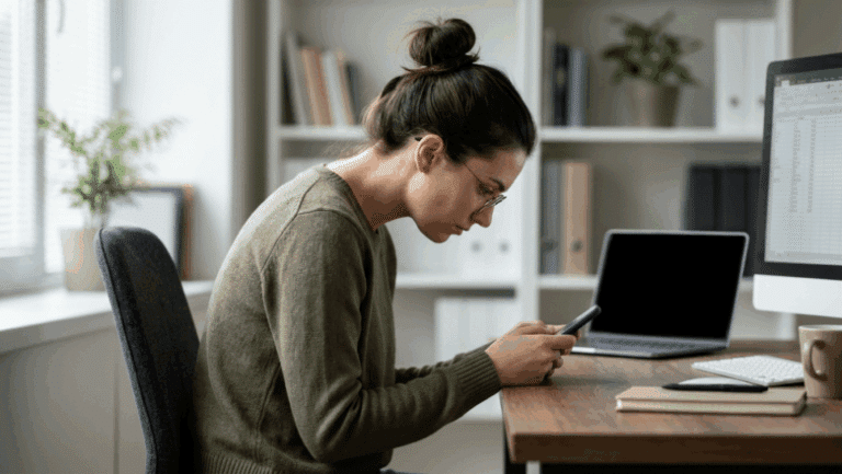 Person sitting at a desk looking down at a smartphone with forward head and hunched neck posture illustrating tech neck