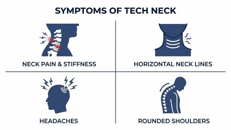 Medical diagram showing four symptoms of tech neck including neck pain and stiffness horizontal neck lines headaches and rounded shoulders