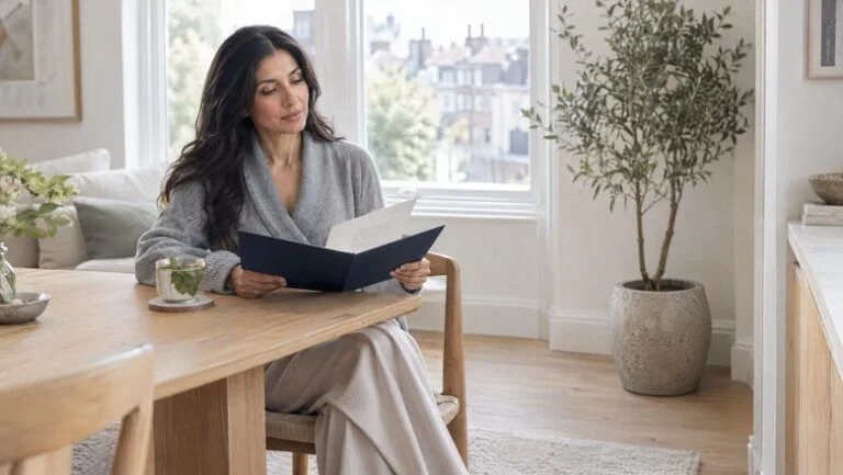 Woman at home reading her written thigh lift quote at the dining table