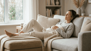 Person relaxing at home with legs elevated during thigh lift recovery, Centre for Surgery London