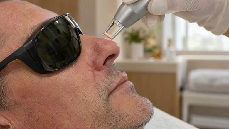 Nose thread vein removal in London: a gloved hand holds a slim laser beside red veins on the nose of a man in safety goggles