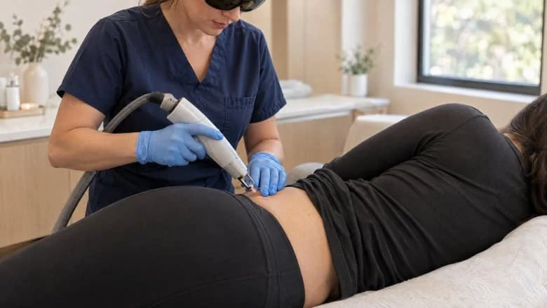 Practitioner holding a laser handpiece over the side of a patient's waist during a TightSculpting laser fat reduction session in London