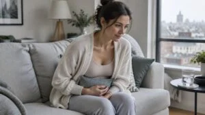Woman recovering at home after a tummy tuck, sitting forward on a sofa and holding a cushion against her lower abdomen for support