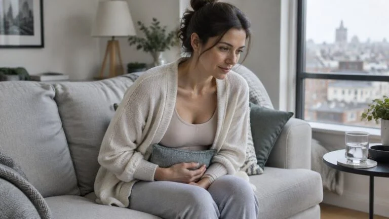 Woman recovering at home after a tummy tuck, sitting forward on a sofa and holding a cushion against her lower abdomen for support
