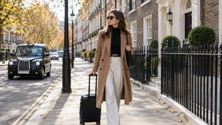 A woman with a small suitcase walking along a Georgian street in Marylebone, London, as a black taxi passes