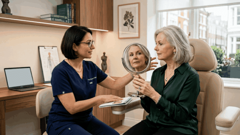 Surgeon consulting with patient about facial rejuvenation options including Trifecta Lift and blepharoplasty at Centre for Surgery London