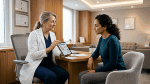 Female patient in consultation with breast surgeon discussing tuberous breast correction options at Centre for Surgery London Baker Street clinic