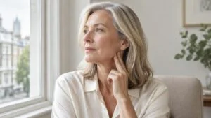 Woman in her fifties resting her fingertips along her jawline by a window, considering which type of facelift suits her face