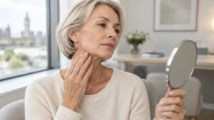 A woman in her fifties touching the loose skin under her jawline and neck during a neck lift consultation in London