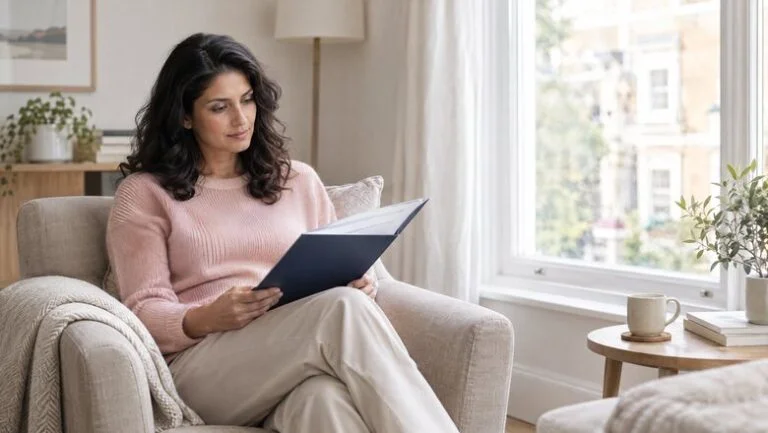 Woman in an armchair at home reading her written umbilicoplasty quote