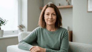 Woman in her early fifties in natural daylight showing hooded upper eyelids and mild lower-lid puffiness — the two concerns treated by upper and lower blepharoplasty at Centre for Surgery London