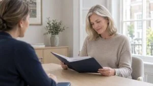 Woman reading her written vaginal rejuvenation treatment plan with a patient coordinator at Centre for Surgery, London