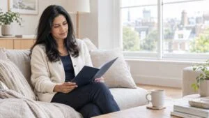 Woman on a sofa at home reading her written vaginoplasty quote
