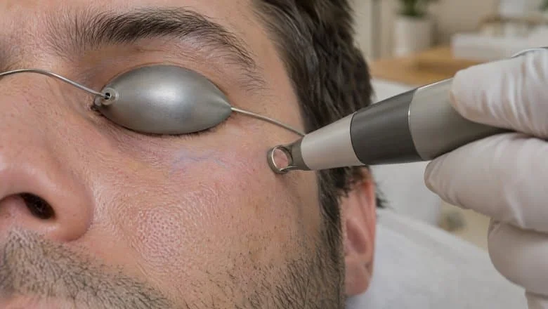 Close view of a man's lower eyelid with a faint blue vein as a practitioner treats veins under eyes with laser at a London clinic