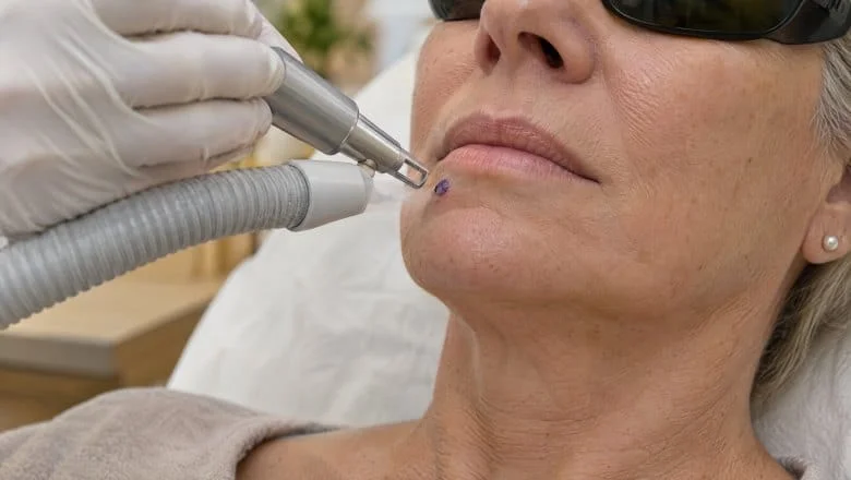 Gloved practitioner aiming a laser handpiece at a small blue-purple venous lake on a lower lip during venous lake removal in London