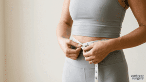 Woman measuring her waist circumference with a tape measure to check for visceral fat
