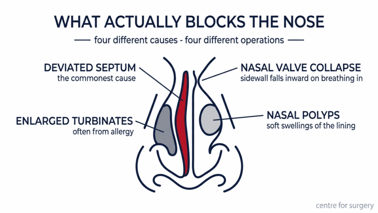 Cross-section diagram showing four causes of a narrow, blocked nose: deviated septum, enlarged turbinates, nasal valve collapse and nasal polyps, Centre for Surgery London