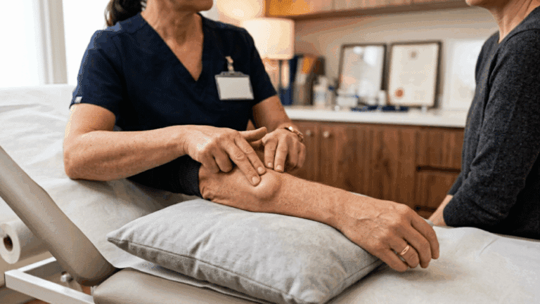 Doctor examining soft subcutaneous lipoma lump on patient's arm at Centre for Surgery London Baker Street clinic