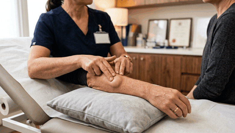 Doctor examining soft subcutaneous lipoma lump on patient's arm at Centre for Surgery London Baker Street clinic