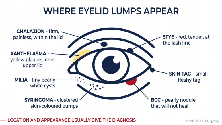 Diagram showing where different eyelid lumps appear — chalazion, stye, xanthelasma, milia, syringoma, skin tag and basal cell carcinoma, Centre for Surgery London
