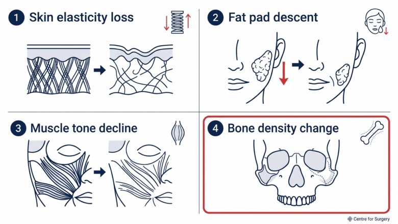 Four-panel diagram showing why cheekbones appear less prominent with age: skin elasticity loss, fat pad descent, muscle tone decline, and bone density change