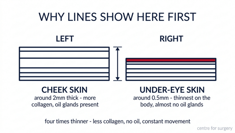 Cross-section comparing under-eye skin at 0.5mm with cheek skin at 2mm, showing why lines appear here first, Centre for Surgery London